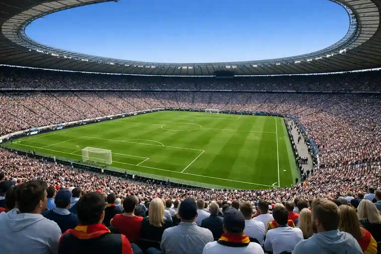 Bundesliga-Fußballspiel im vollen Stadion mit begeisterten Fans auf den Tribünen