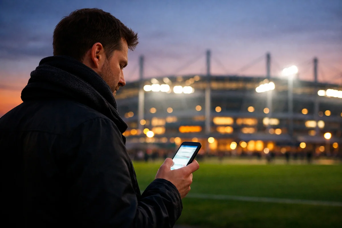 Fußballfan vergleicht Bundesliga Quoten am Smartphone vor dem Stadion
