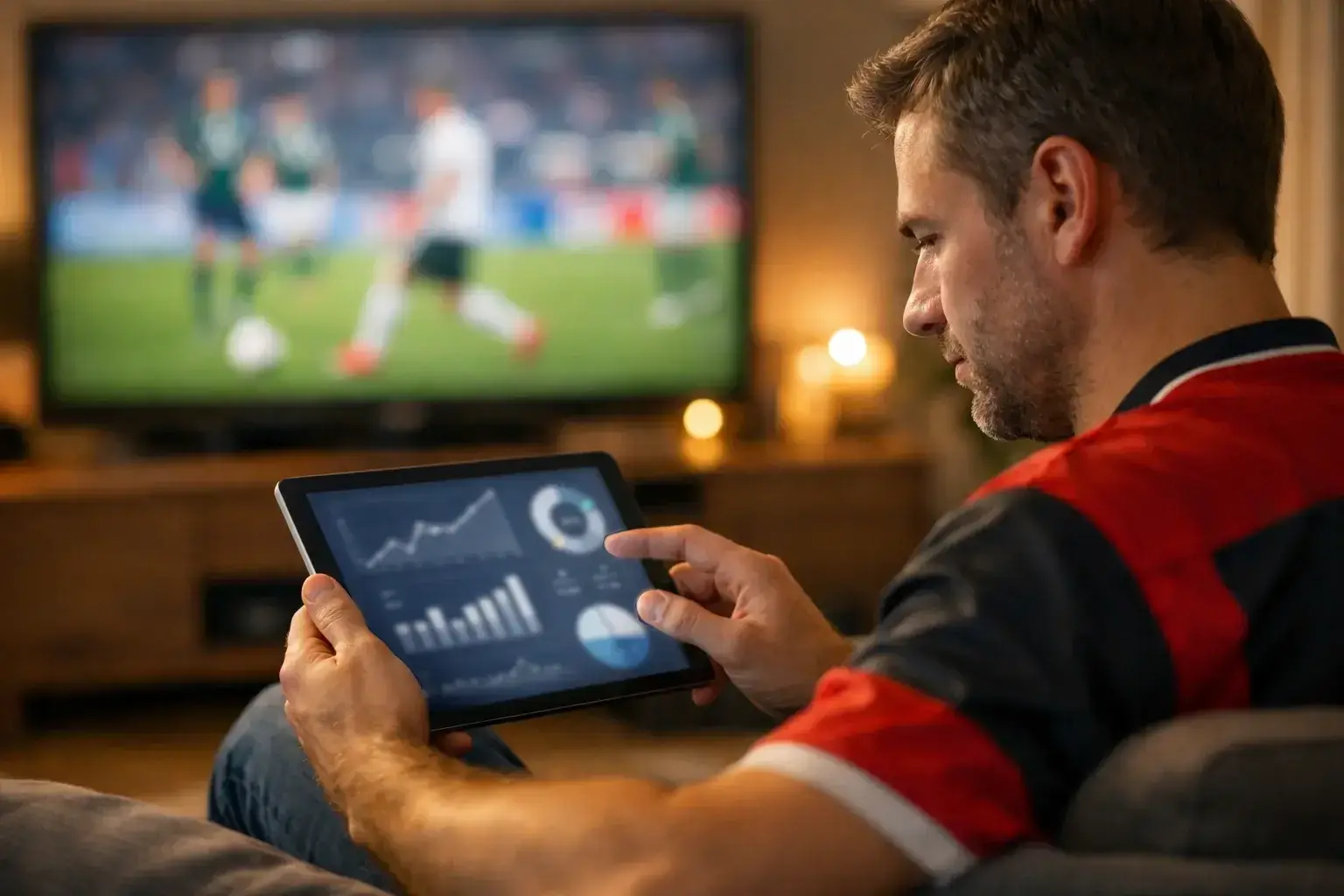 Fußballfan analysiert Bundesliga-Statistiken auf dem Tablet während eines Spiels im Fernsehen