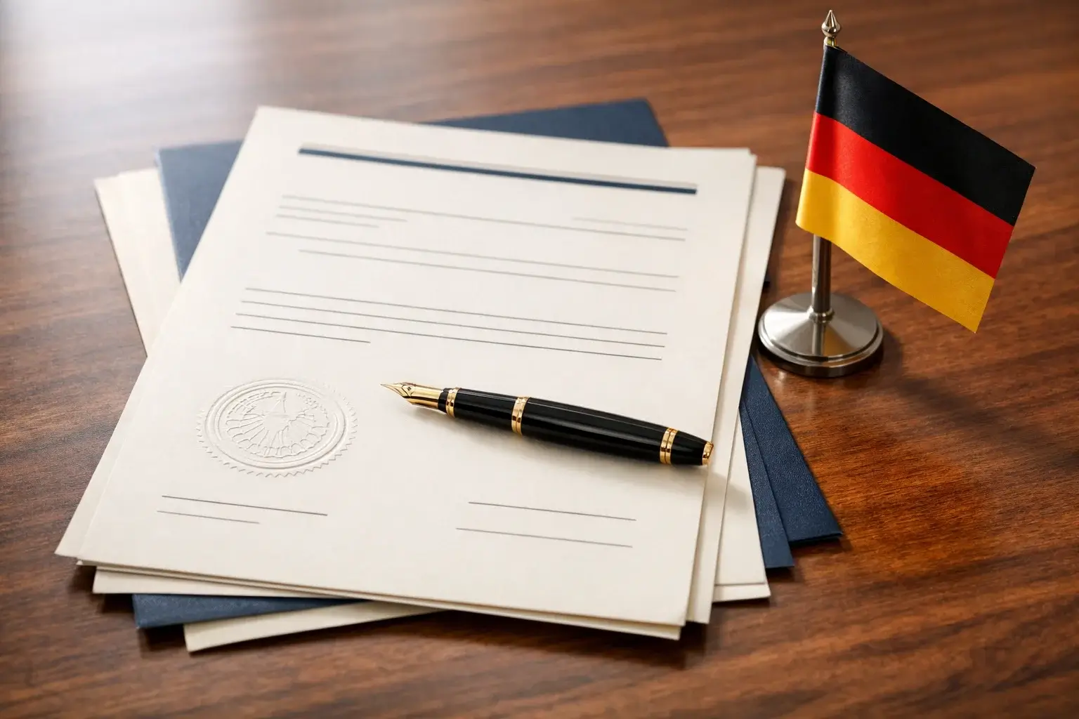 Offizielle Dokumente und ein Stempel symbolisieren die deutsche Glücksspiellizenz