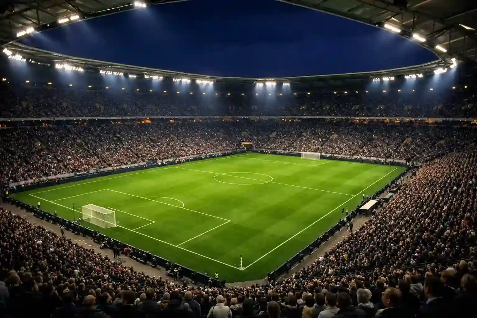 Atmosphärisches Bundesliga-Stadion bei Flutlicht mit begeisterten Fans auf den Rängen