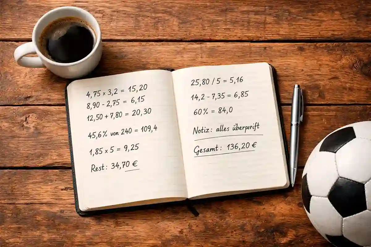 Stift und Notizbuch mit handgeschriebenen Zahlen neben einem Fußball auf einem Holztisch