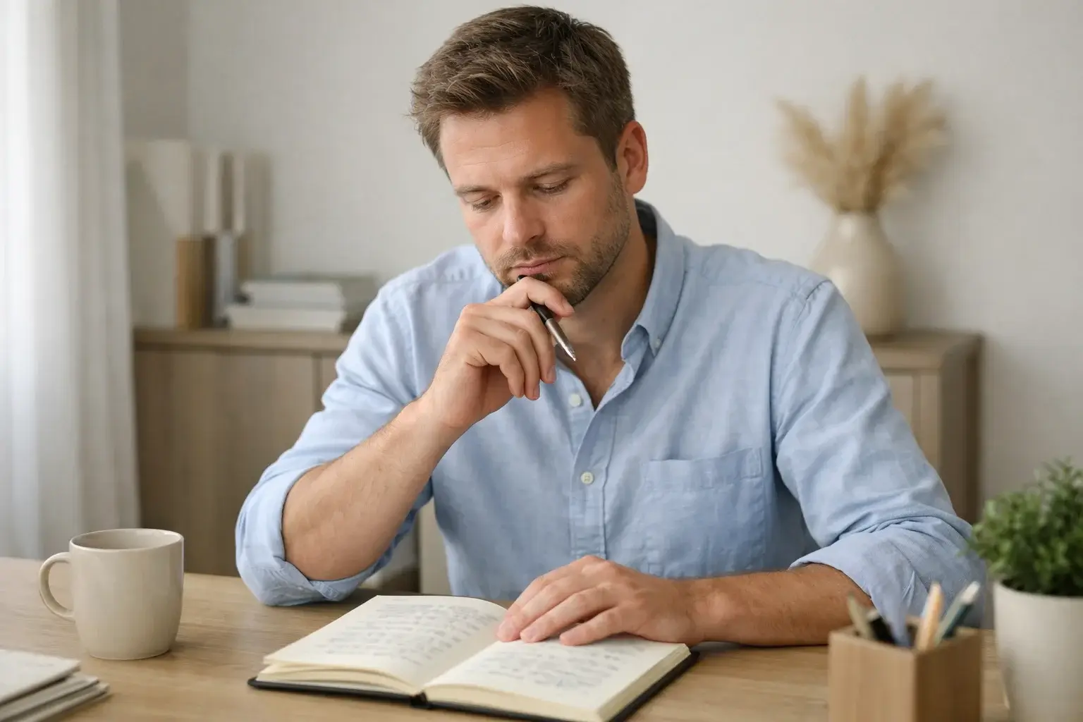 Person in nachdenklicher Pose am Schreibtisch mit Notizbuch