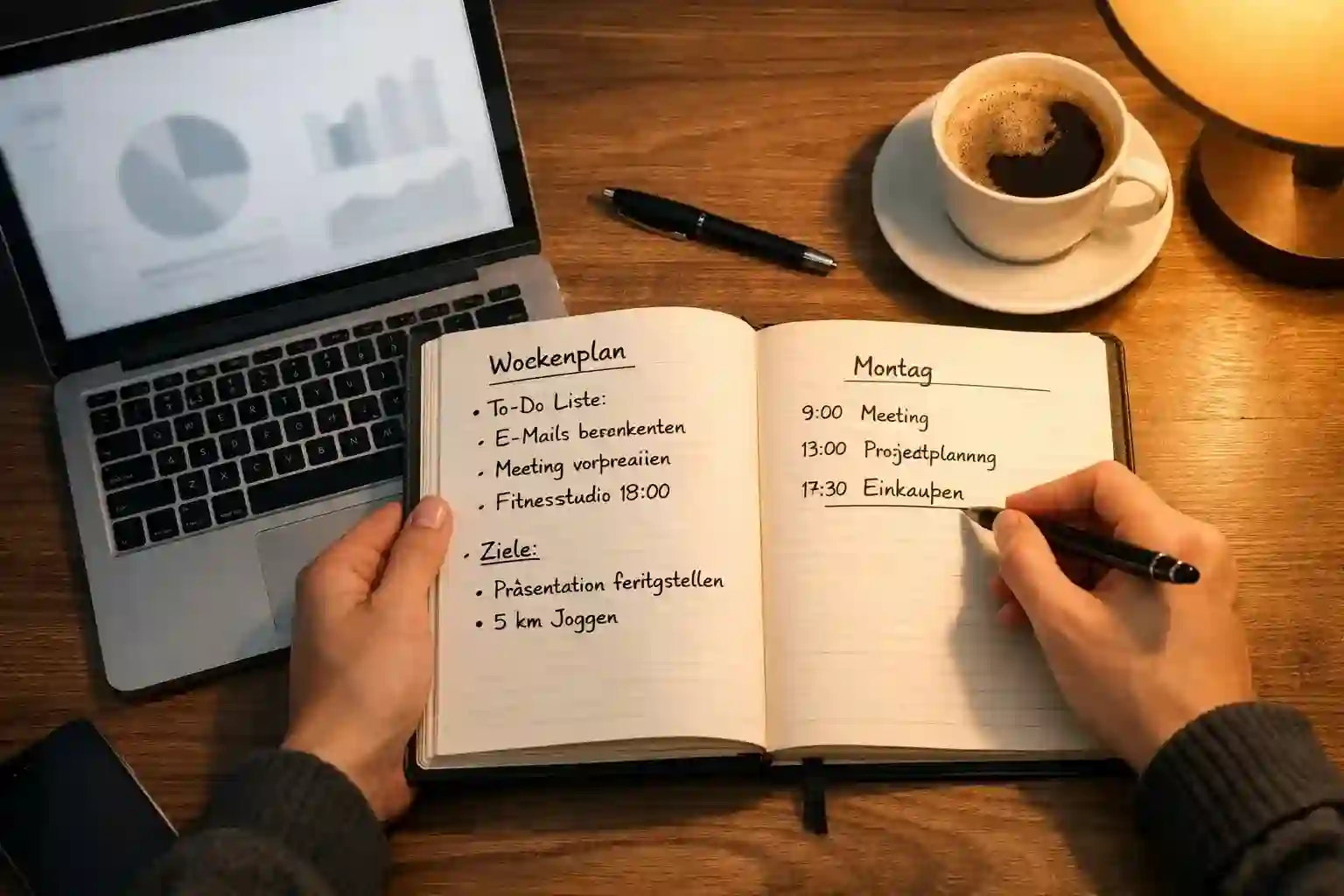 Person macht Notizen in einem Notizbuch neben einem Laptop mit Wettkonto